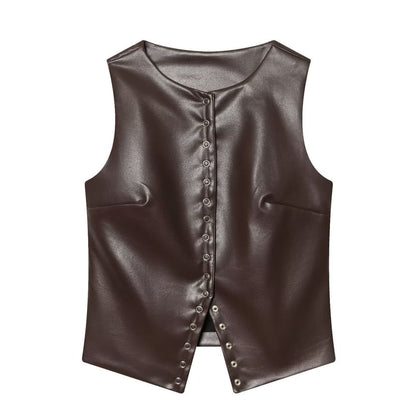 Sleeveless Faux Leather Snap Button Top
