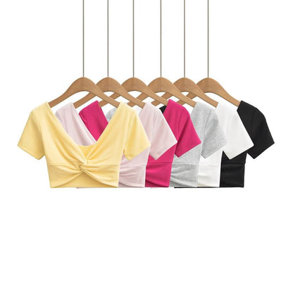 V-Neck Twisted Cropped Tee with Short Sleeves