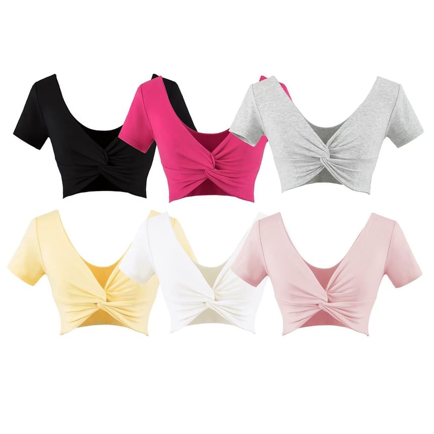 V-Neck Twisted Cropped Tee with Short Sleeves