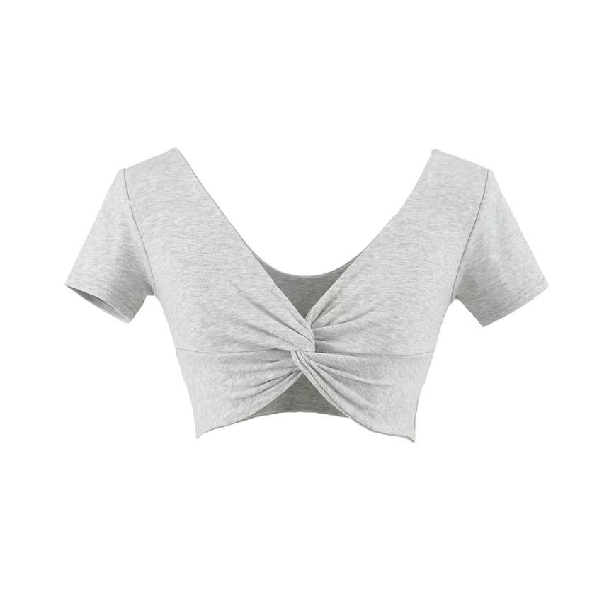 V-Neck Twisted Cropped Tee with Short Sleeves