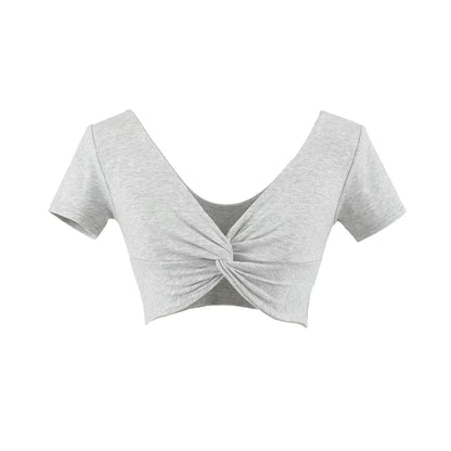 V-Neck Twisted Cropped Tee with Short Sleeves