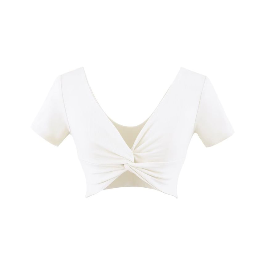 V-Neck Twisted Cropped Tee with Short Sleeves