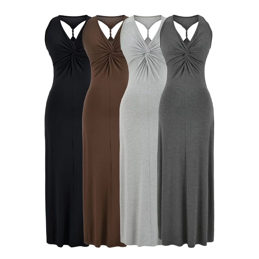 Sleeveless V-Neck Twisted Plain Maxi Sheath Dress