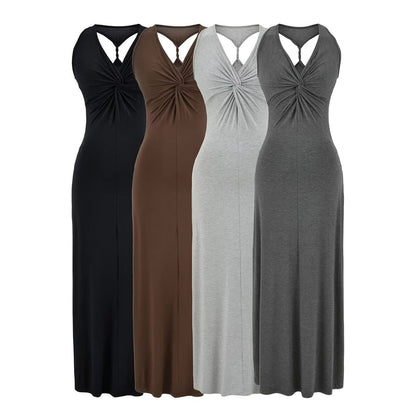 Sleeveless V-Neck Twisted Plain Maxi Sheath Dress