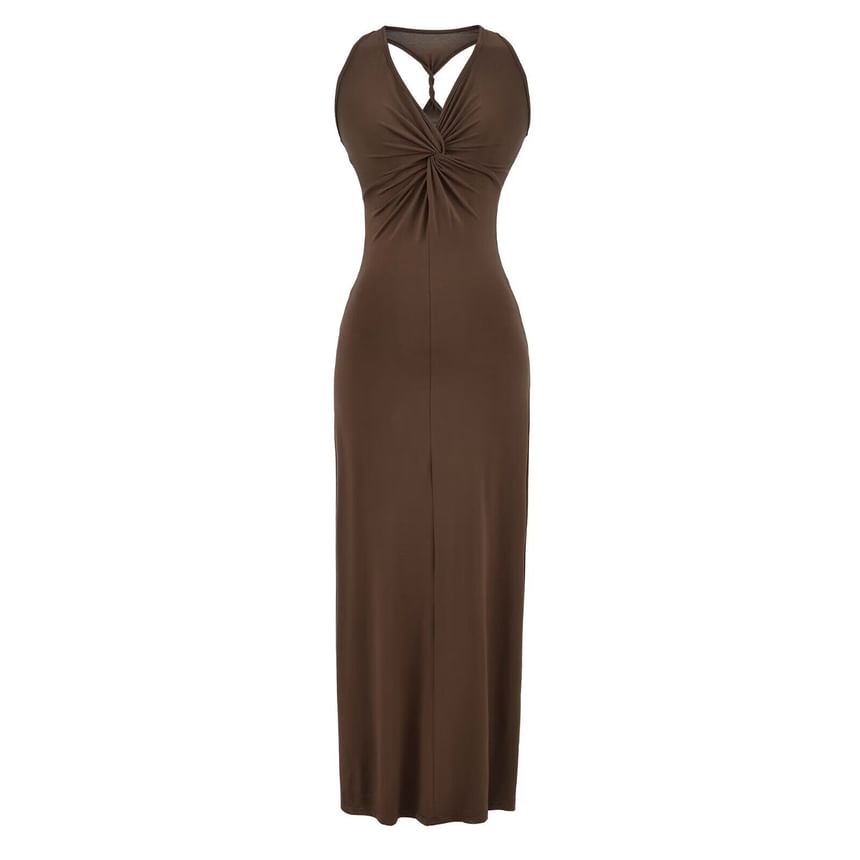 Sleeveless V-Neck Twisted Plain Maxi Sheath Dress