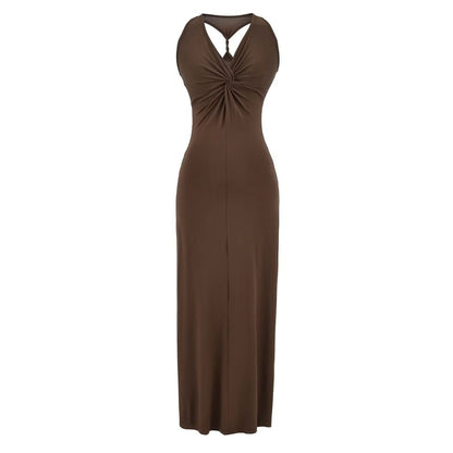 Sleeveless V-Neck Twisted Plain Maxi Sheath Dress