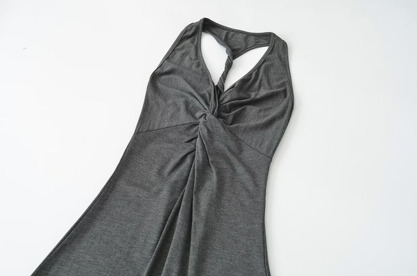 Sleeveless V-Neck Twisted Plain Maxi Sheath Dress
