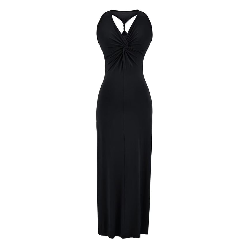 Sleeveless V-Neck Twisted Plain Maxi Sheath Dress