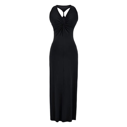 Sleeveless V-Neck Twisted Plain Maxi Sheath Dress