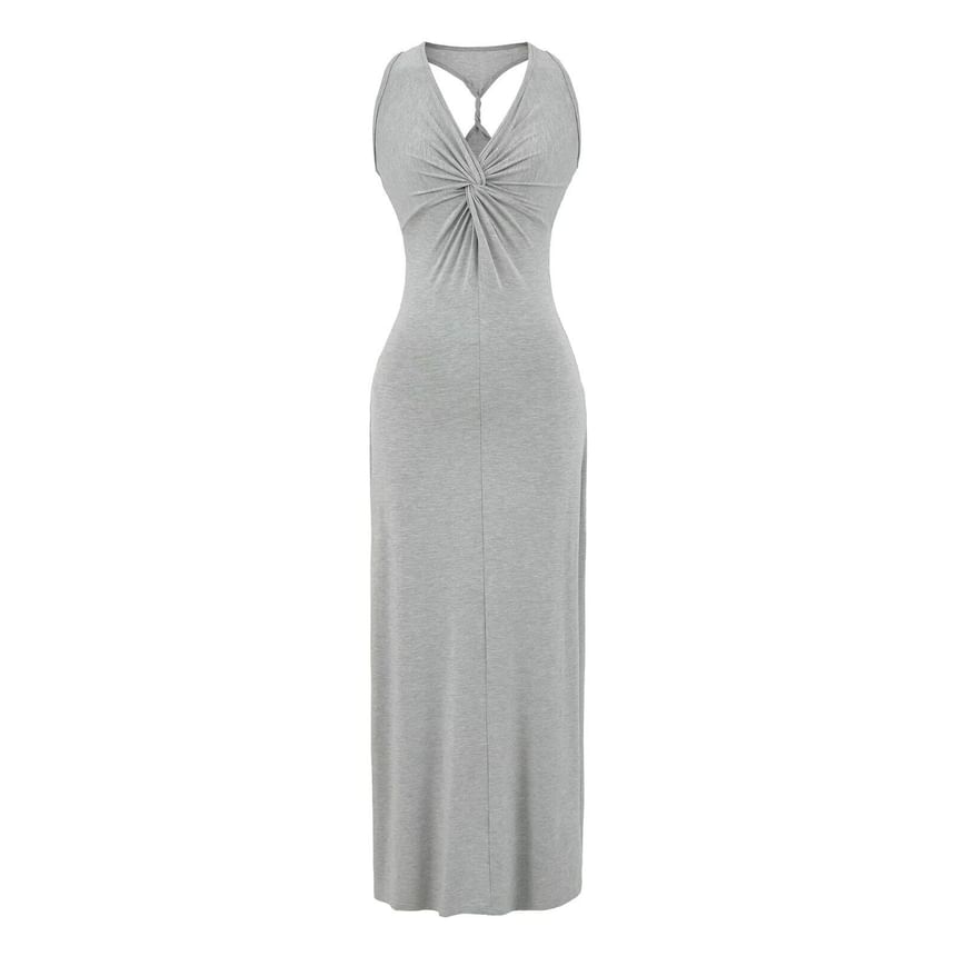 Sleeveless V-Neck Twisted Plain Maxi Sheath Dress