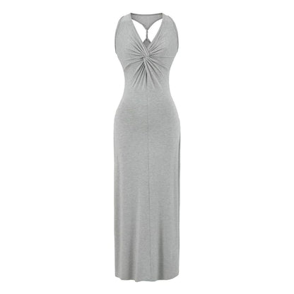 Sleeveless V-Neck Twisted Plain Maxi Sheath Dress