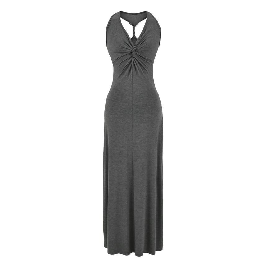 Sleeveless V-Neck Twisted Plain Maxi Sheath Dress