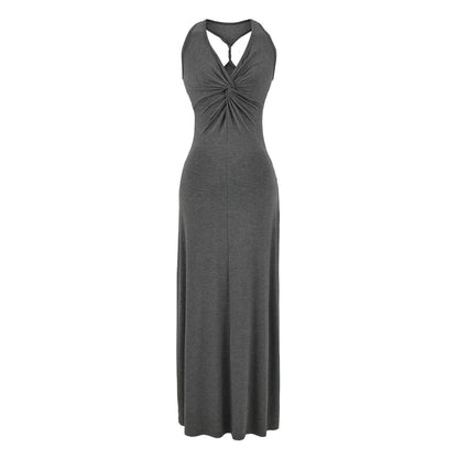 Sleeveless V-Neck Twisted Plain Maxi Sheath Dress