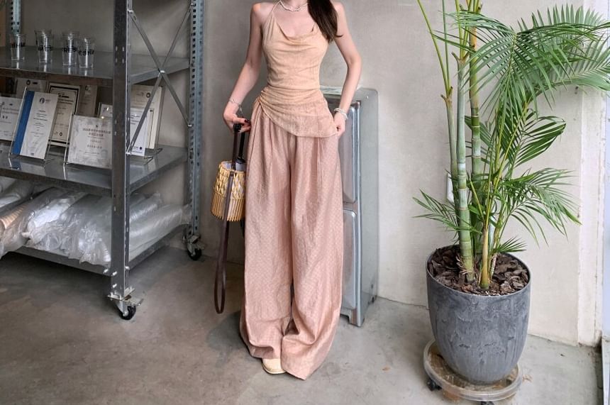 Cowl Neck Asymmetric Camisole with Plaid Wide-Leg Pants