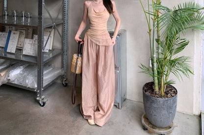 Cowl Neck Asymmetric Camisole with Plaid Wide-Leg Pants