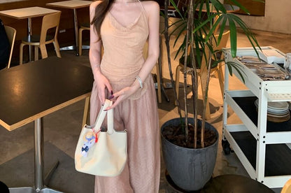 Cowl Neck Asymmetric Camisole with Plaid Wide-Leg Pants