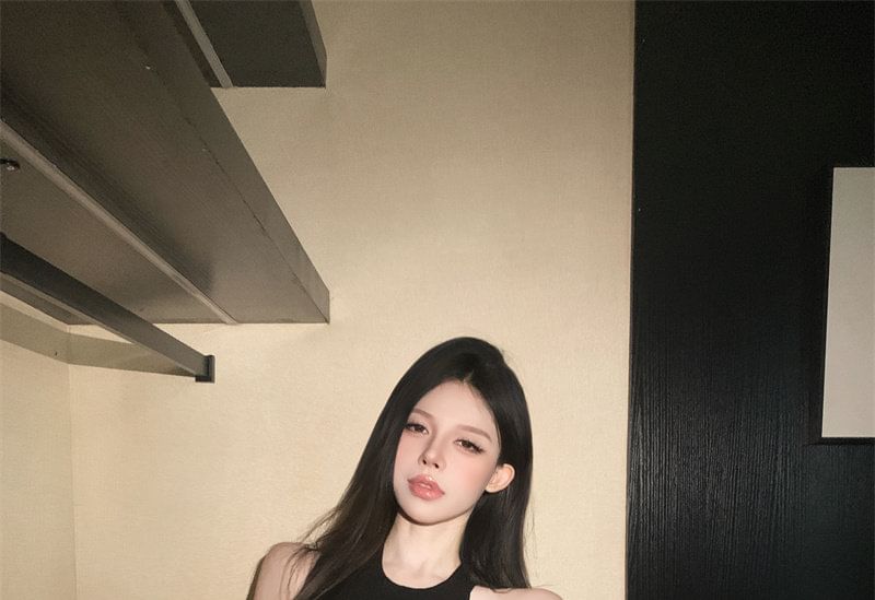 Cutout Front-Slit Cropped Halter Top in Solid