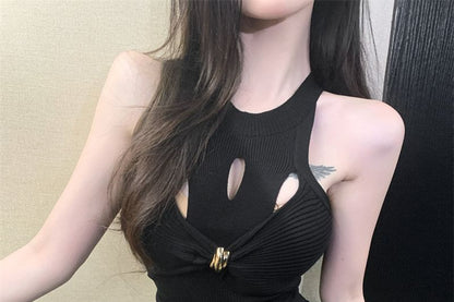 Cutout Front-Slit Cropped Halter Top in Solid