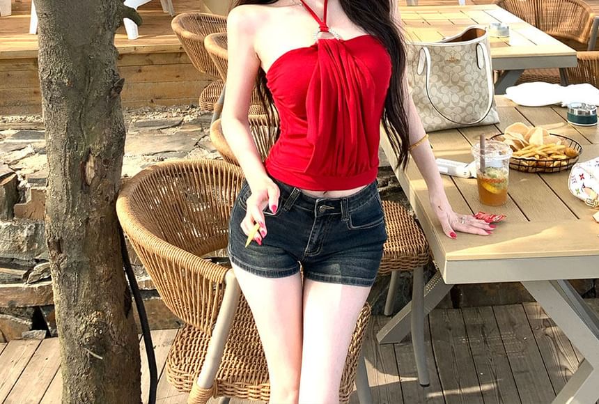 Ruched Halter Neck Top with Solid Finish
