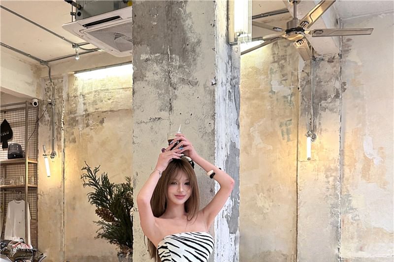 Zebra Print Asymmetric Tube Top with Drawstring Wide-Leg Pants