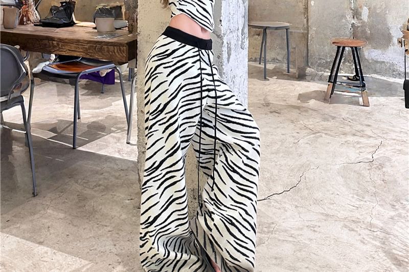 Zebra Print Asymmetric Tube Top with Drawstring Wide-Leg Pants