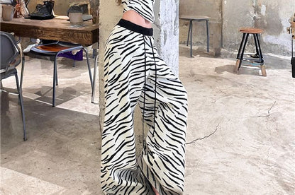 Zebra Print Asymmetric Tube Top with Drawstring Wide-Leg Pants