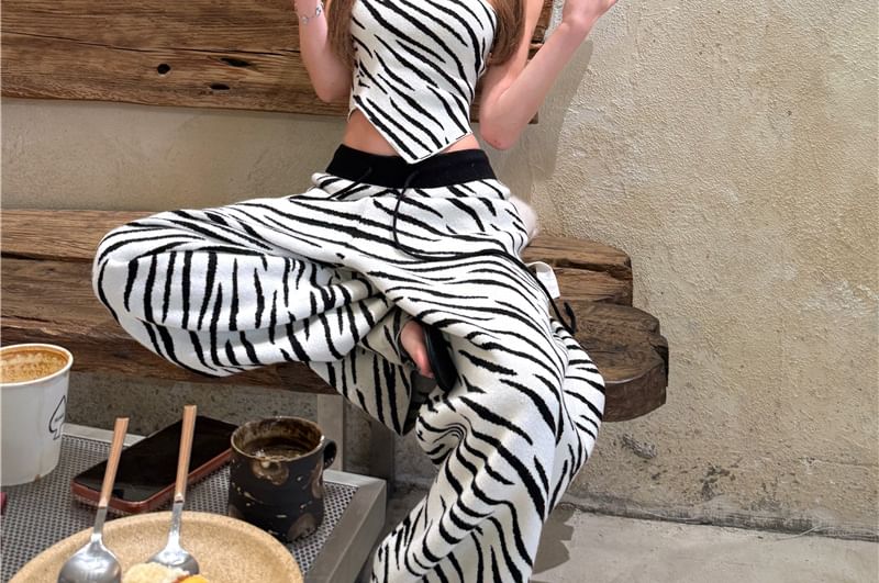 Zebra Print Asymmetric Tube Top with Drawstring Wide-Leg Pants