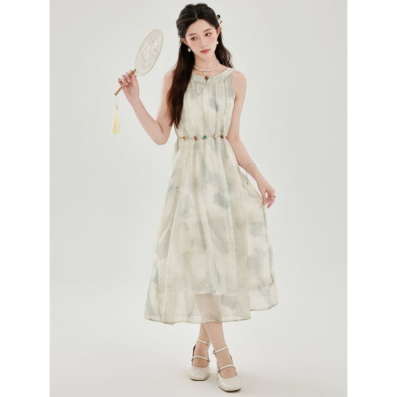 Sleeveless Round Neck Tie Dye Midi A-Line Dress / Round Neck Plain Cardigan
