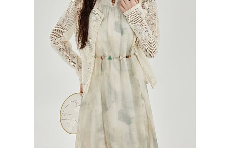 Sleeveless Round Neck Tie Dye Midi A-Line Dress / Round Neck Plain Cardigan