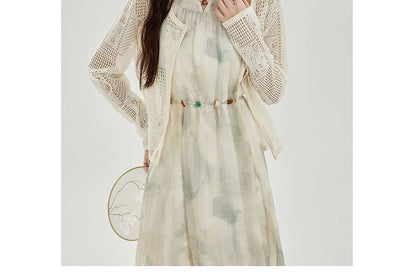 Sleeveless Round Neck Tie Dye Midi A-Line Dress / Round Neck Plain Cardigan