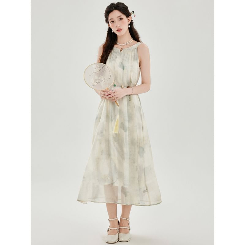 Sleeveless Round Neck Tie Dye Midi A-Line Dress / Round Neck Plain Cardigan
