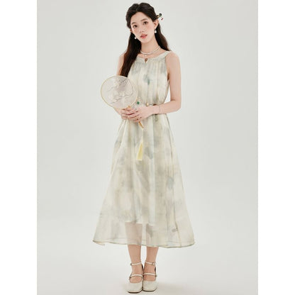 Sleeveless Round Neck Tie Dye Midi A-Line Dress / Round Neck Plain Cardigan