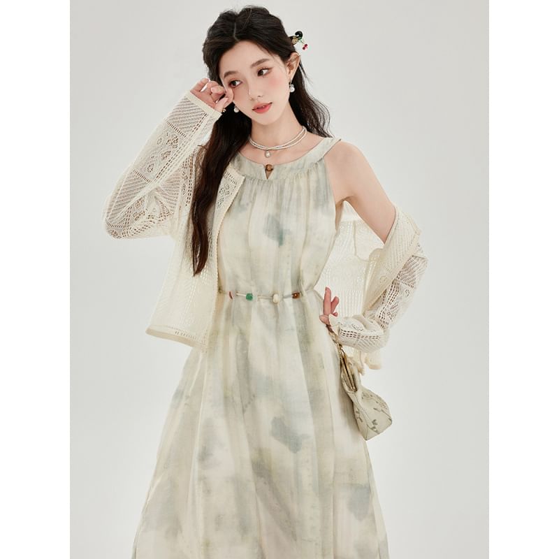 Sleeveless Round Neck Tie Dye Midi A-Line Dress / Round Neck Plain Cardigan