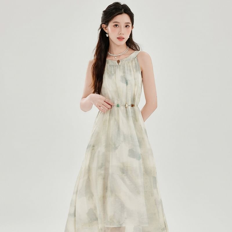 Sleeveless Round Neck Tie Dye Midi A-Line Dress / Round Neck Plain Cardigan