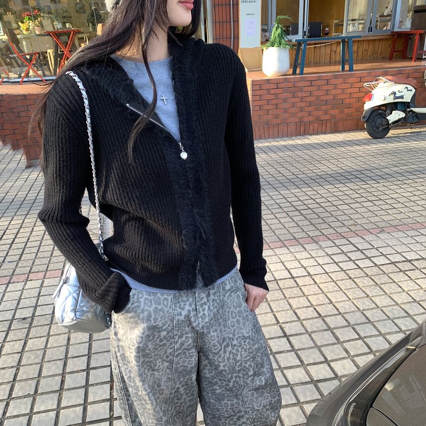 Plain Hooded Ribbed Zip Cardigan