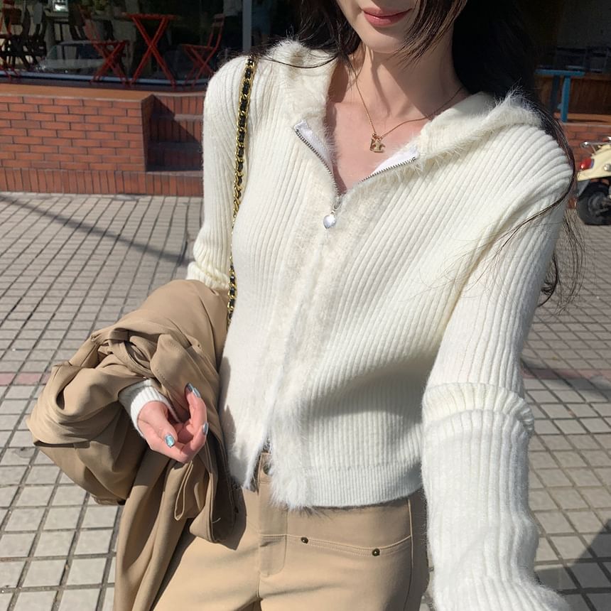 Plain Hooded Ribbed Zip Cardigan