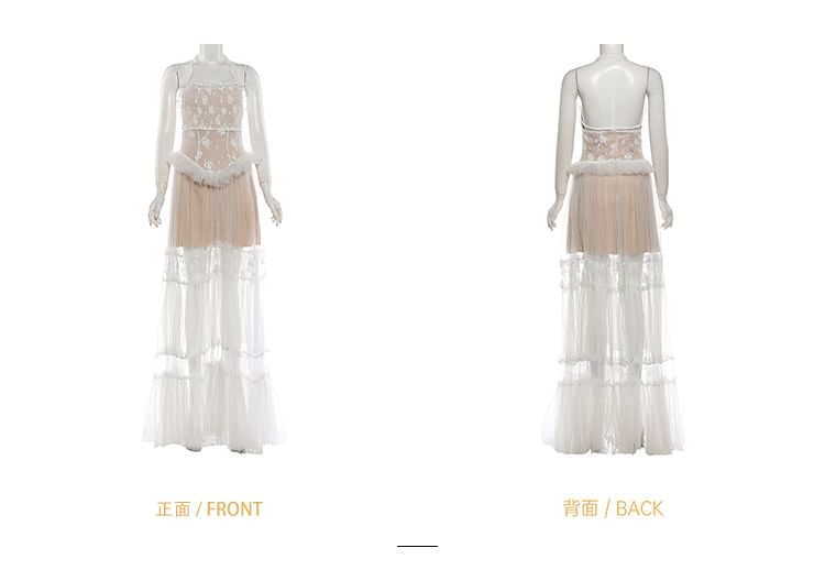 Halter Detachable Strap Ruffle Tiered Lace Panel Mesh Maxi A-Line Dress