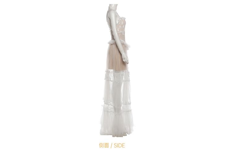 Halter Detachable Strap Ruffle Tiered Lace Panel Mesh Maxi A-Line Dress