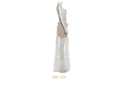 Halter Detachable Strap Ruffle Tiered Lace Panel Mesh Maxi A-Line Dress