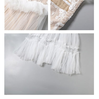 Halter Detachable Strap Ruffle Tiered Lace Panel Mesh Maxi A-Line Dress