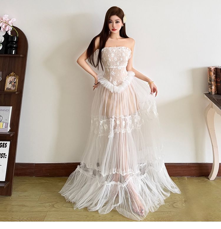 Halter Detachable Strap Ruffle Tiered Lace Panel Mesh Maxi A-Line Dress