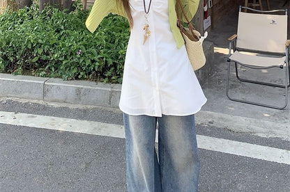 Plain Crop Cardigan / V-Neck Flowy Camisole Top