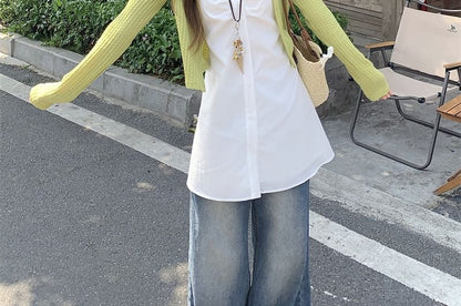 Plain Crop Cardigan / V-Neck Flowy Camisole Top