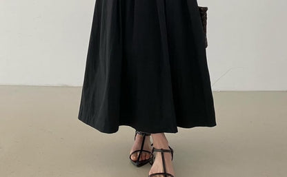 Sleeveless V-Neck Plain Pleated Hem Maxi A-Line Dress