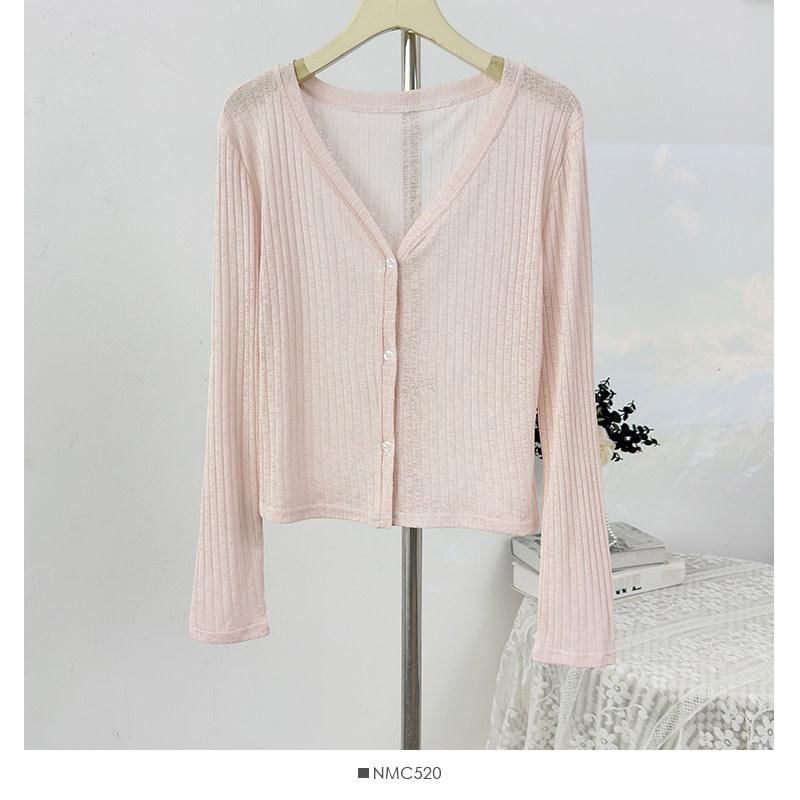 V-Neck Plain Ribbed Knit Cardigan