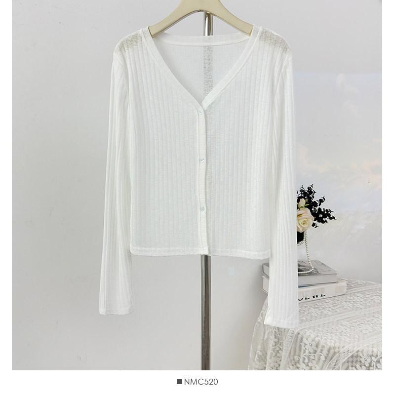 V-Neck Plain Ribbed Knit Cardigan