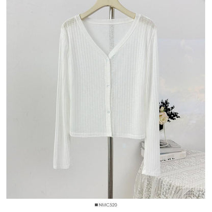 V-Neck Plain Ribbed Knit Cardigan