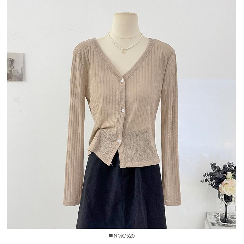 V-Neck Plain Ribbed Knit Cardigan