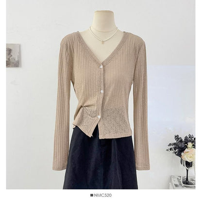 V-Neck Plain Ribbed Knit Cardigan