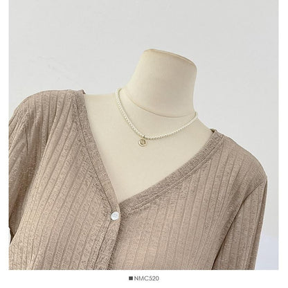V-Neck Plain Ribbed Knit Cardigan